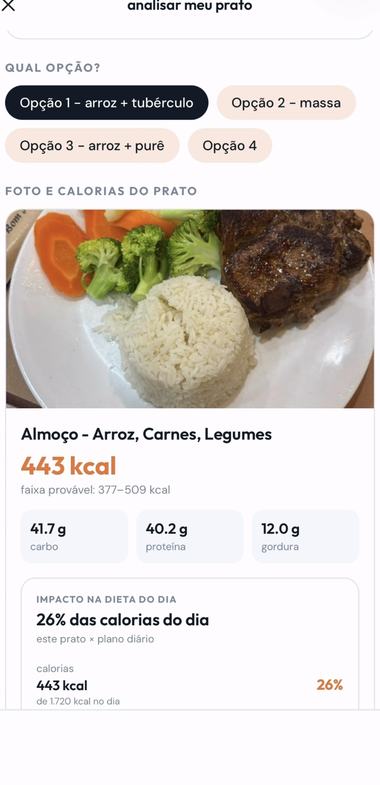 Registro de refeição com foto e calorias no NutriOS